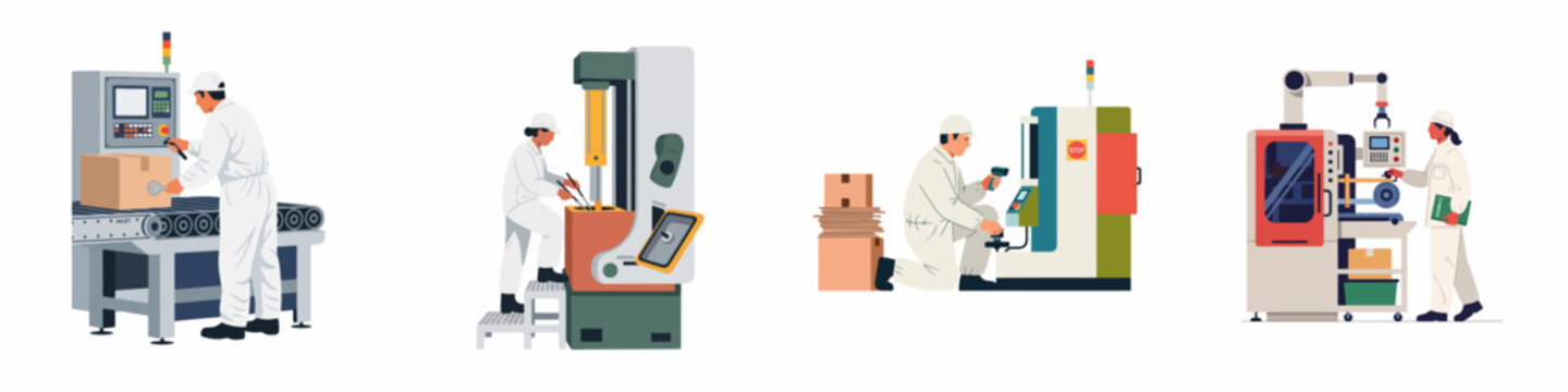 Industrial factory workers in white uniforms operating various machines and automated equipment in a modern manufacturing plant illustration set.