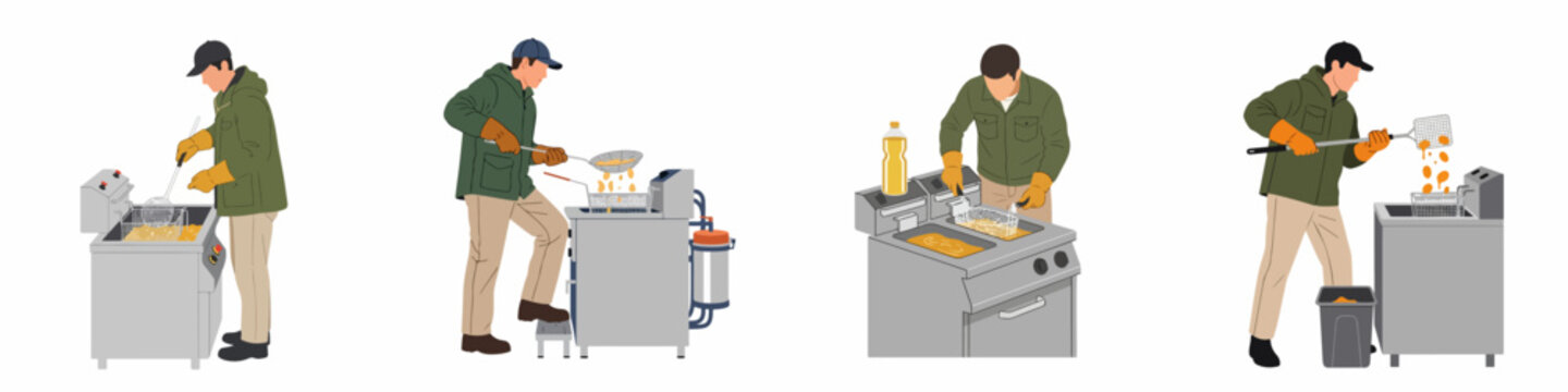 Illustration set of a male worker operating a commercial deep fryer, showing various stages of the food preparation process in a professional kitchen.