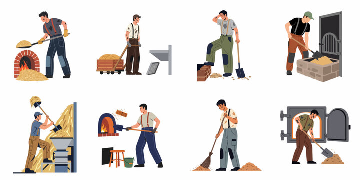 Illustrations of male workers performing various manual labor tasks including shoveling fuel into furnaces, cleaning industrial workspaces, and operating heavy machinery.