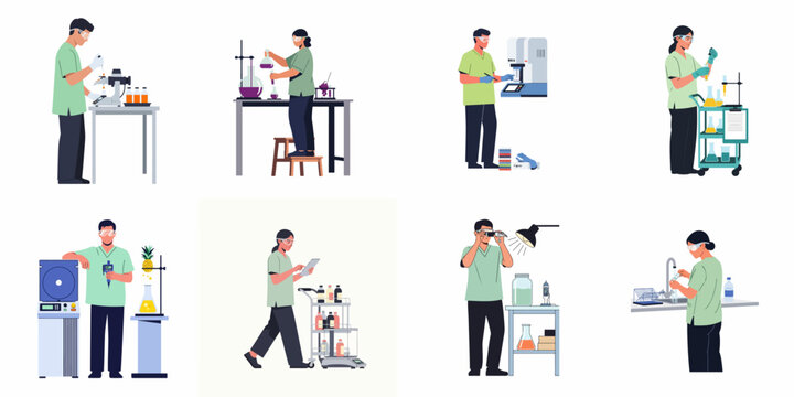 Flat vector illustrations of male and female scientists conducting food quality tests and chemical research in a professional laboratory setting.