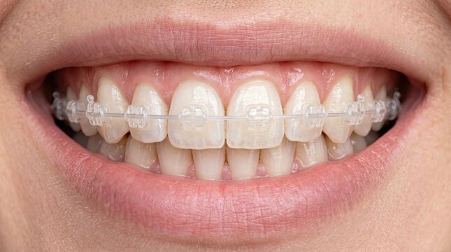 Closeup of Caucasian individual showcasing ceramic orthodontic brackets and thin metal archwire