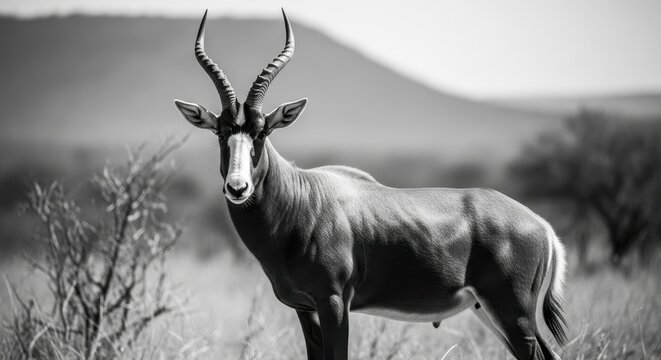 Elegant Black and White Portrait of a Blesbok Antelope.