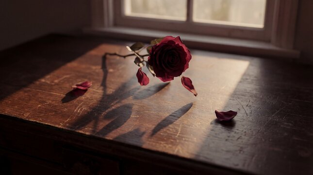 A single red rose with fallen petals rests on a wooden table near a window, bathed in soft light, symbolizing love, beauty, and the passage of time