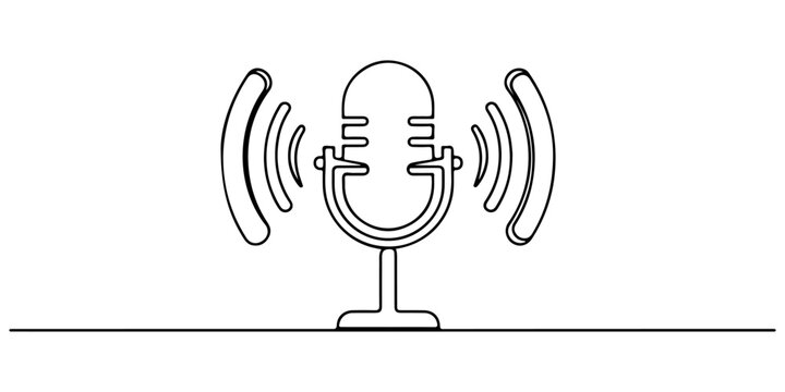 Continuous one line of a podcast icon with sound waves, representing communication media, style hand drawn vector illustration.