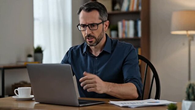 Man Confused by Computer Screen at Home Office Desk

