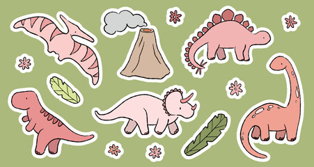 cute dino vector pink for girls. jurassic world stickers hand drawn isolated children clipart editable cute ink illustrations. Stegosaurus, Tyrannosaurus Rex, Triceratops, Pterodactyl, Brachiosaurus © curly