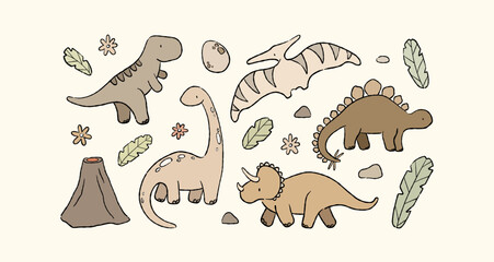 Dinosaur nude vector set. Clipart editable scalable. Stegosaurus, Tyrannosaurus Rex, Triceratops, Pterodactyl, Brachiosaurus, volcano, tropical. boho, scandinavian, neutral nursery wall decor, prints © curly