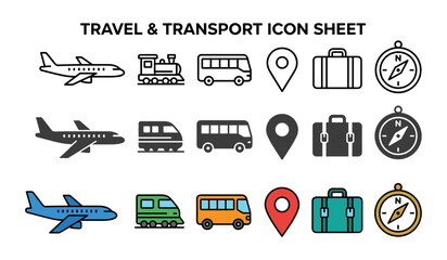 Fototapeta premium Travel & Transport icon set airplane, bus, train, map pin, compass outline, solid and color styles, white background