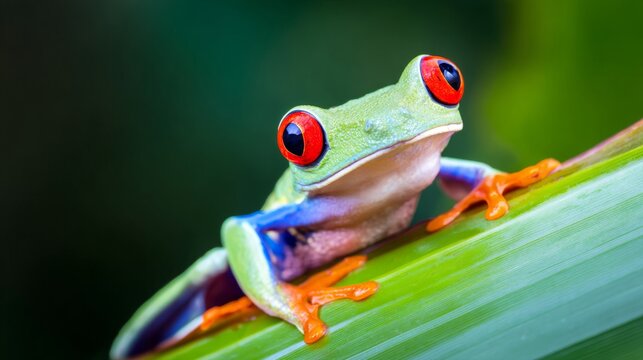 amphibian. Vibrant tree frog perched on a leaf in its natural habitat with soft background. wildlife magazines, conservation campaigns, designed for nature documentaries and education.
