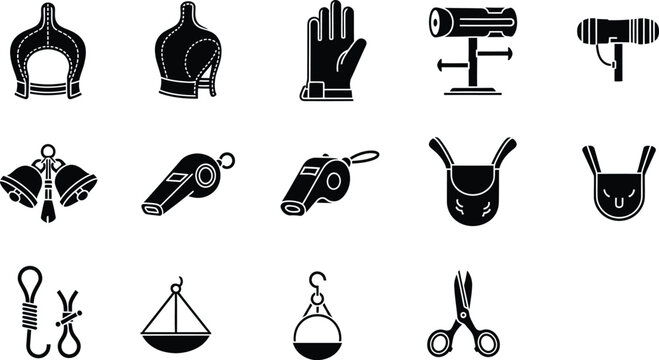 Collection of black and white icons representing various falconry and bird training tools and equipment.