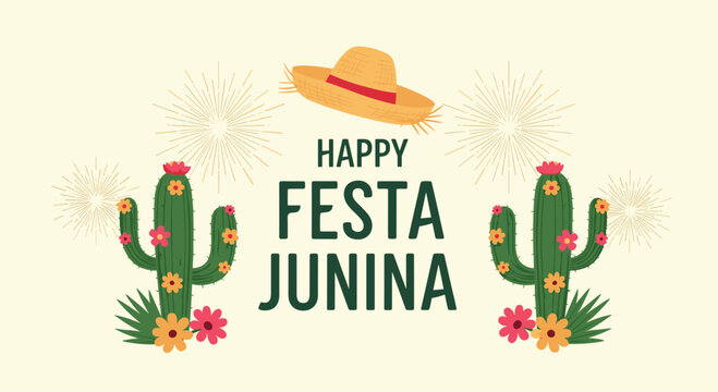 Festive greeting for Festa Junina featuring tall cacti decorated with colorful flowers and a traditional straw hat.
