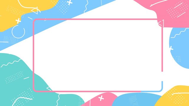Modern Memphis Style Background with Rectangle Frame and Bold Geometric Shapes. Organic Playful Patterns In Bright Pastel Colors with white copy space. Content Placement And Decorative Elements