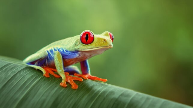 amphibian. Vibrant tree frog perched on a leaf in its natural habitat with soft background. wildlife magazines, conservation campaigns, designed for nature documentaries and education.
