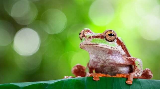 amphibian. Vibrant tree frog perched on a leaf in its natural habitat with soft background. wildlife magazines, conservation campaigns, designed for nature documentaries and education.

