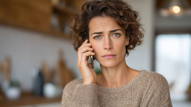 Woman receiving unexpected voice call with skeptical expression, caller ID showing bank name, kitchen background, deepfake audio fraud moment, phone scam recognition, consumer financial security awa