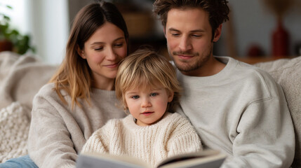 Fototapeta premium Parents reading a storybook with their toddler on a cozy sofa at home.