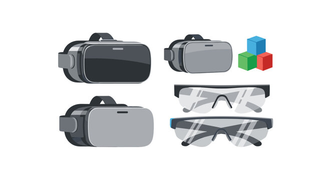 A set of virtual reality headsets and smart glasses are displayed with colorful 3D cubes to illustrate modern augmented reality and gaming hardware.