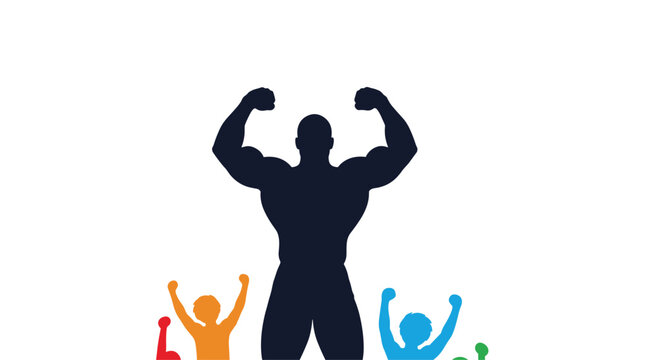 Powerful silhouette of a bodybuilder posing with muscles flexed while small colorful figures cheer for his fitness achievement.