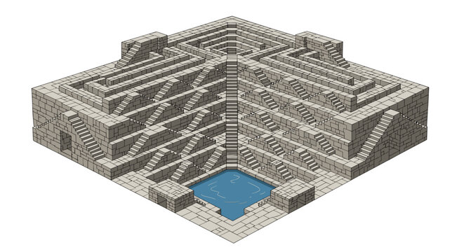 A massive isometric stone stepwell features hundreds of intricate stairways leading down to a central blue water pool in a traditional Indian style.