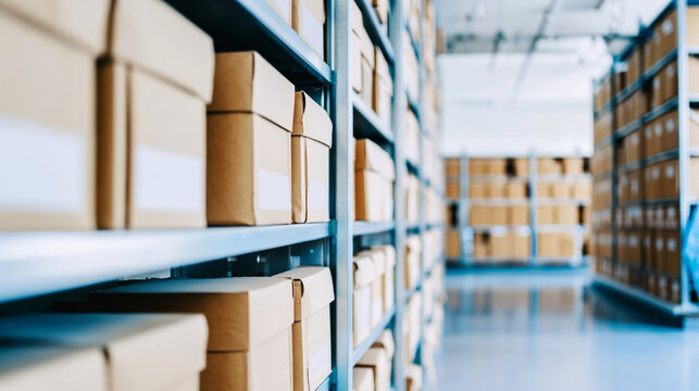 Cardboard boxes on warehouse shelves in industrial storage aisle.