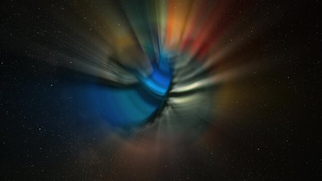 Abstract multicolor glow sphere with rays, science background. Bizzard planet structure in space, 4k