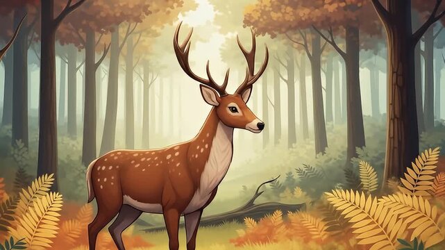Cartoon style deer with large antlers stands in an autumnal forest on a sunny day