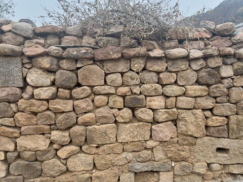 Rustic stone wall background with dry branches on top, natural texture