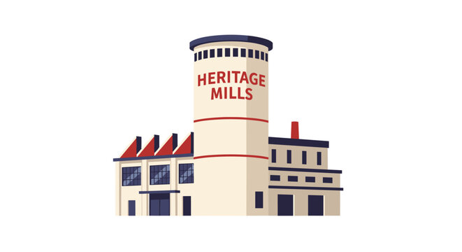 This pristine cream-colored heritage mills factory building showcases a central storage silo and classic sawtooth rooflines against a stark white background.