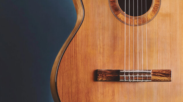 Close-up of acoustic guitar body and strings against dark background with copy space.