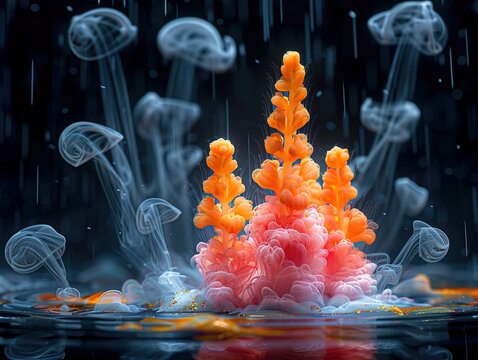 A vibrant pink and orange cloud of smoke rises from the water with jellyfish in the background