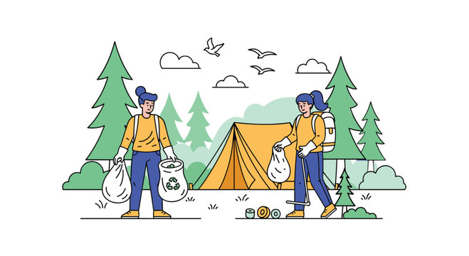 Eco friendly volunteers cleaning up a campsite in the forest by picking up plastic waste and recycling it in bags for nature.