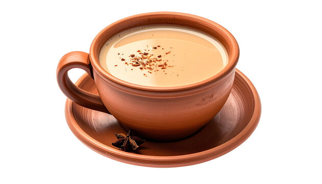 Traditional clay cup with hot masala chai tea isolated on solid white background3
