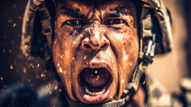 Yelling terrified soldier during shelling, post-traumatic stress disorder concept