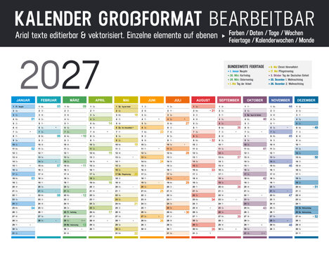 Kalender 2027 Deutsch gro&szlig;format bearbeitbar, jahresplaner horizontal vektor mit Feiertagen und Kalenderwochen