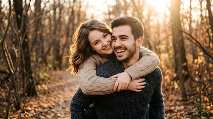 Fototapeta premium Couple embracing in autumn woods enjoying warm sunlight lifestyle portrait for romantic relationship marketing