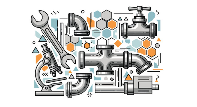 Industrial plumbing components and scientific equipment collage featuring pipes and wrench for mechanical and laboratory themes.