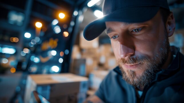 Cargo van driver scanning parcels before delivery route in urban loading area