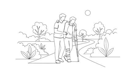 Fototapeta premium Man Helping Injured Person with Crutches Walk in Park Vector Illustration