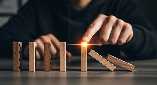 Person hand stopping falling wooden dominoes with a glowing block symbolizing risk management and business strategy