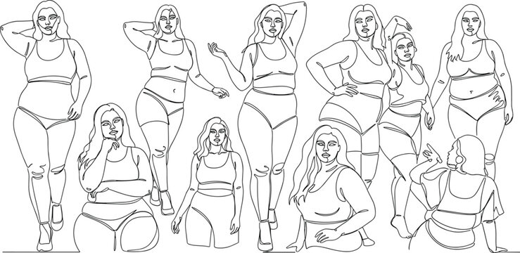 Set of Plus-Size Female Figure Illustrations in Various Poses Featuring Lingerie and Casual Clothing in Line Art Style