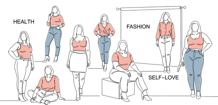 Set of Plus-Size Women Illustrations in Fashion Poses Promoting Health, Self-Love, and Fashion Confidence in Line Art Style