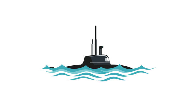 A sleek dark grey submarine navigates through vibrant blue ocean waves with its periscope and antenna towers visible against a stark white background.
