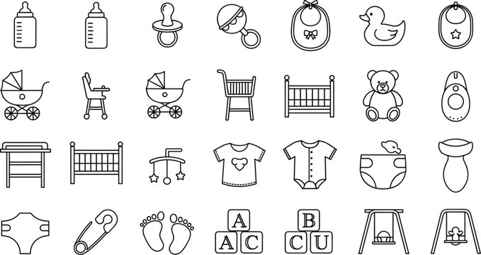 Set of Baby and Nursery Icons Featuring Bottles, Strollers, Pacifiers, Clothing, and Toys in Line Art Style