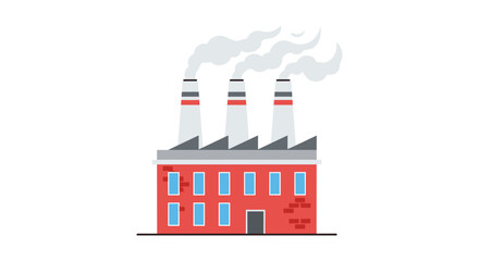 Obraz premium A large industrial brick factory building with three tall chimneys emitting thick gray smoke into the air under a bright sky during a production day.