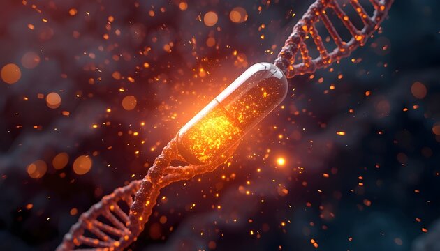 A glowing DNA double helix structure with a bright orange light at its center, surrounded by sparks and particles in a dark background.
