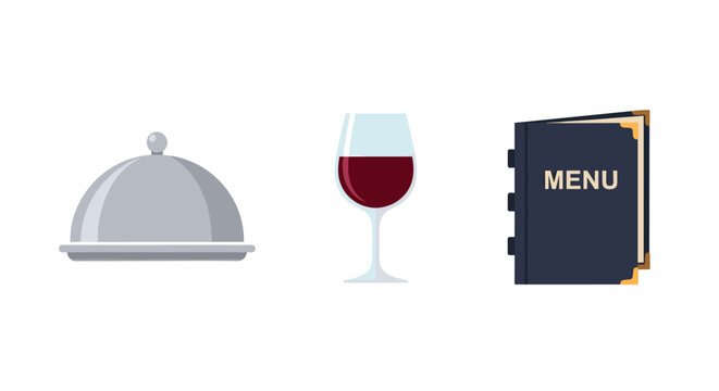 A sophisticated restaurant dining set including a silver serving cloche, a glass of rich red wine, and a dark blue leather menu with gold corner accents.