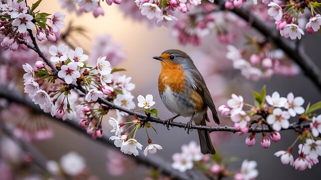 Robin bird, perched on cherry blossom branch, spring flowers, wildlife photography