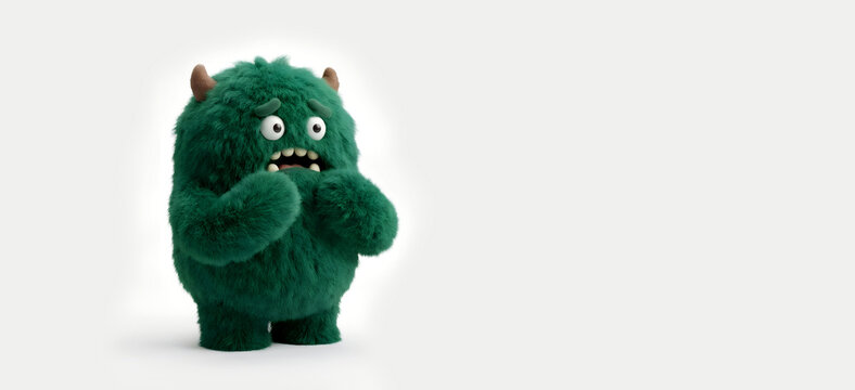 Green furry monster with horns expressing shock or fear on white background. Banner template of cute cartoon funny character for animation, game or children content with copy space.