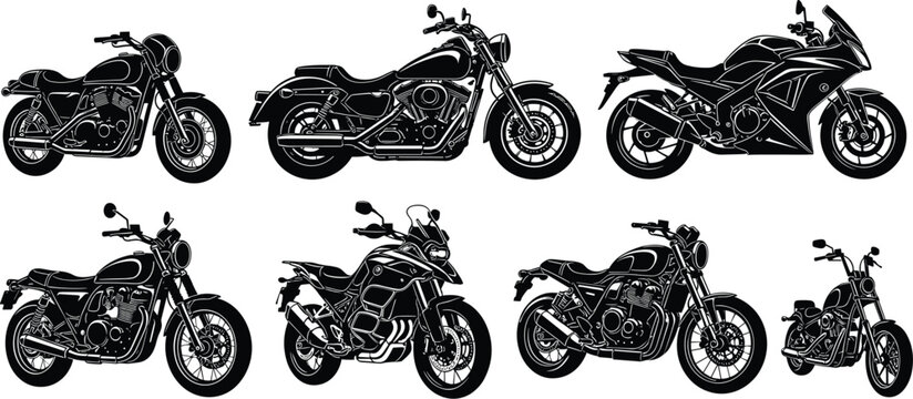 Set of Motorcycle Illustrations Featuring Cruiser, Sports Bike, and Chopper in Detailed Line Art Style