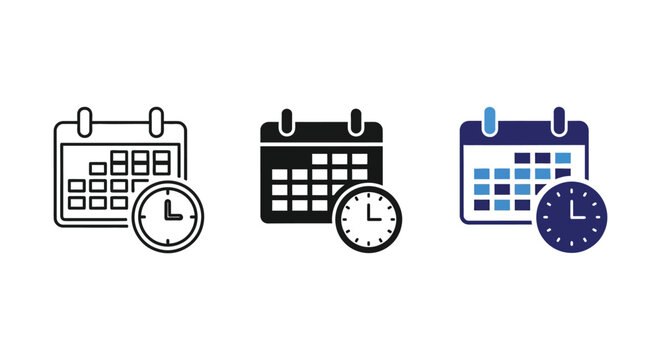 Minimalist vector illustration set featuring calendar icons combined with clocks for effective time management visual designs